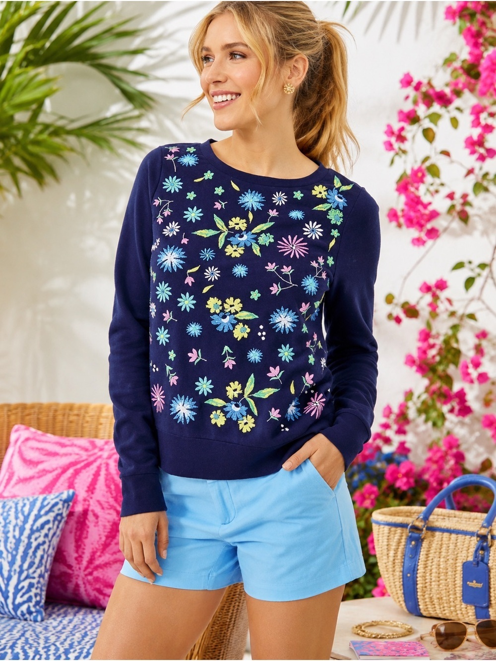Lilly Pulitzer Floral Embroidered Navy Rami Top Large
